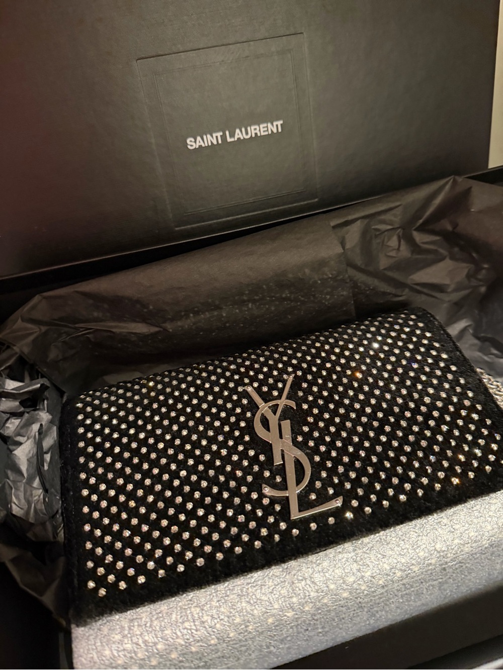 New! Saint Laurent Black Velvet
Crossbody Bag with Crystal Accents - Picture 2 of 15